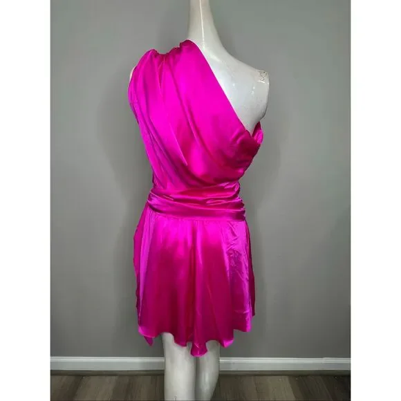 Amanda Uprichard Hot Pink Silk One-Shoulder Mini Dress Size Small - Picture 5 of 8